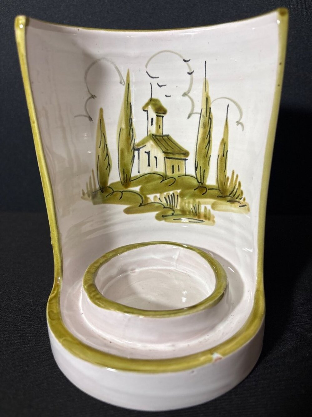 Candle Holder Chamberstick Signed Italy # 2568 Green Painted House with Trees - Picture 2 of 10